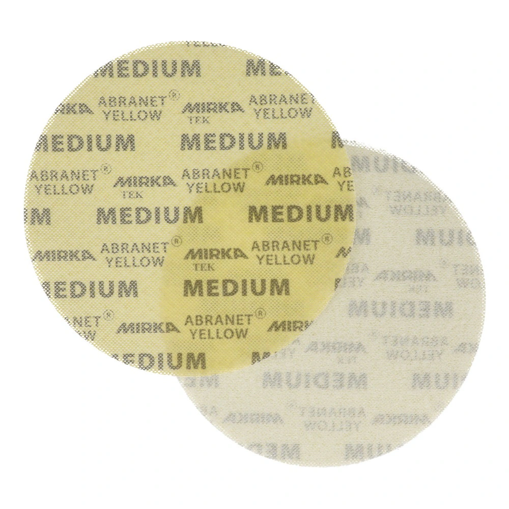 Two round sanding discs overlap each other, one yellow and one lighter