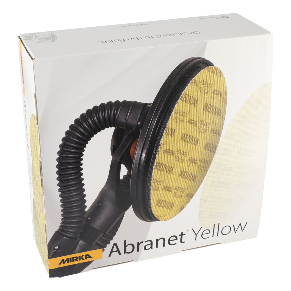 White retail box showing a yellow round sanding disc with a black corrugated