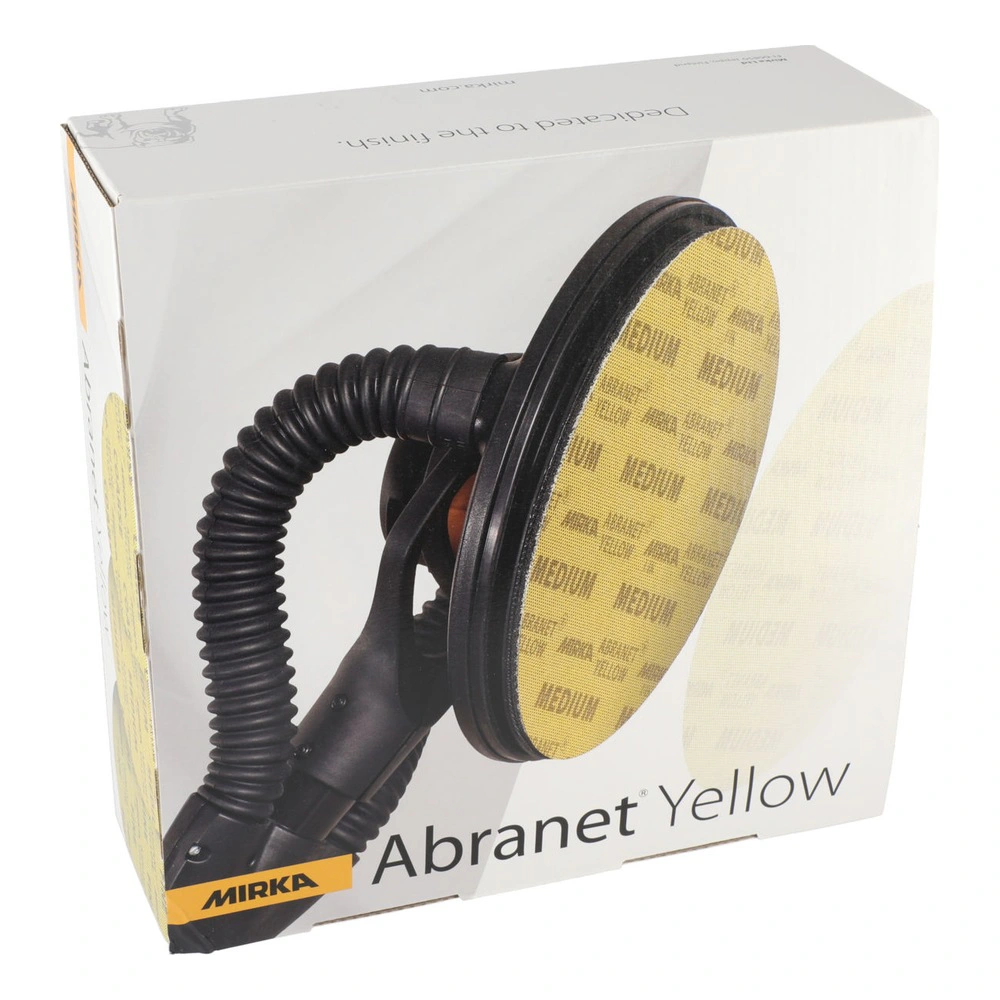White retail box showing a yellow round sanding disc with a black corrugated