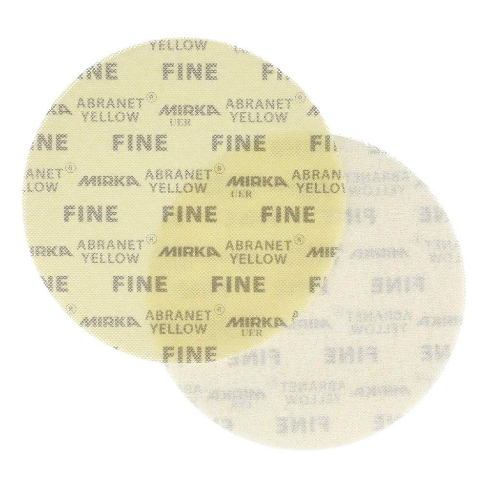 Two overlapping round sanding discs, pale yellow with MIRKA, ABRANET YELLOW
