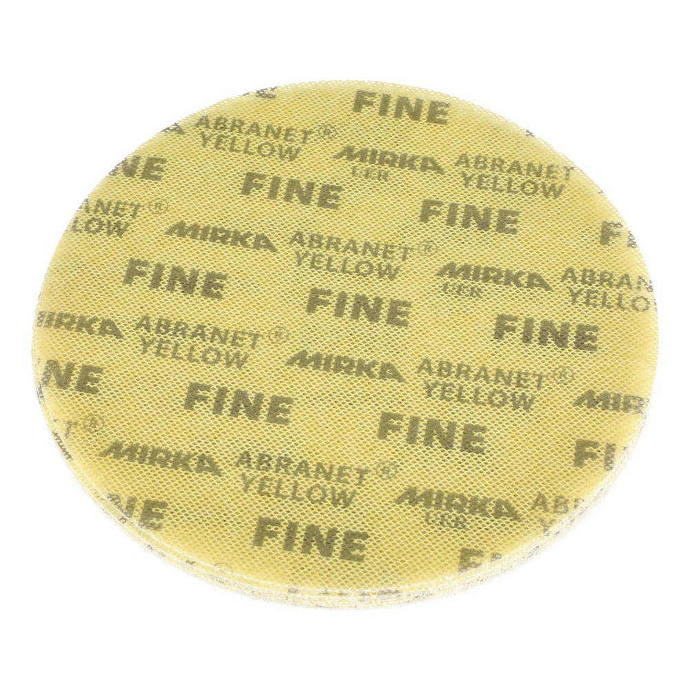 A round yellow sanding disc with repeated MIRKA, ABRANET YELLOW, and FINE