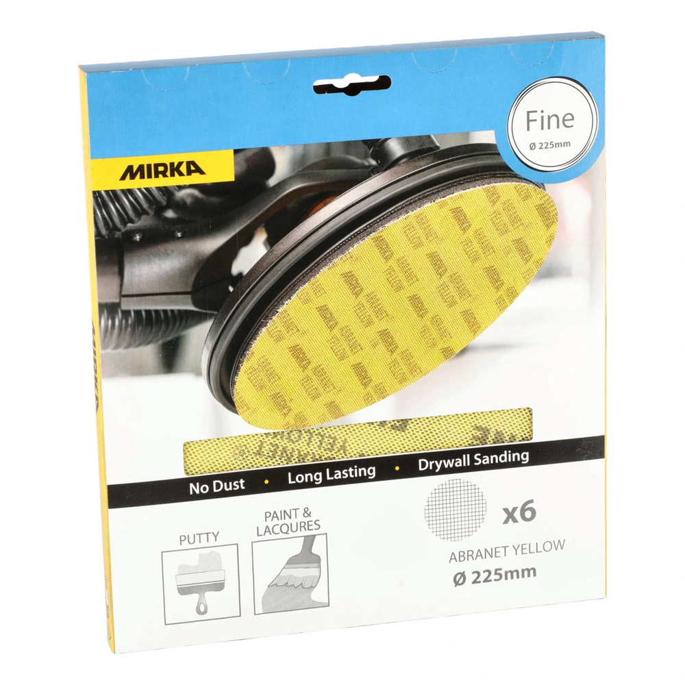 A cardboard package for a sanding product with an image of a yellow mesh