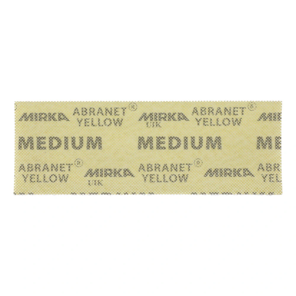 A rectangular yellow sanding sheet with a mesh texture and repeated ABRANET