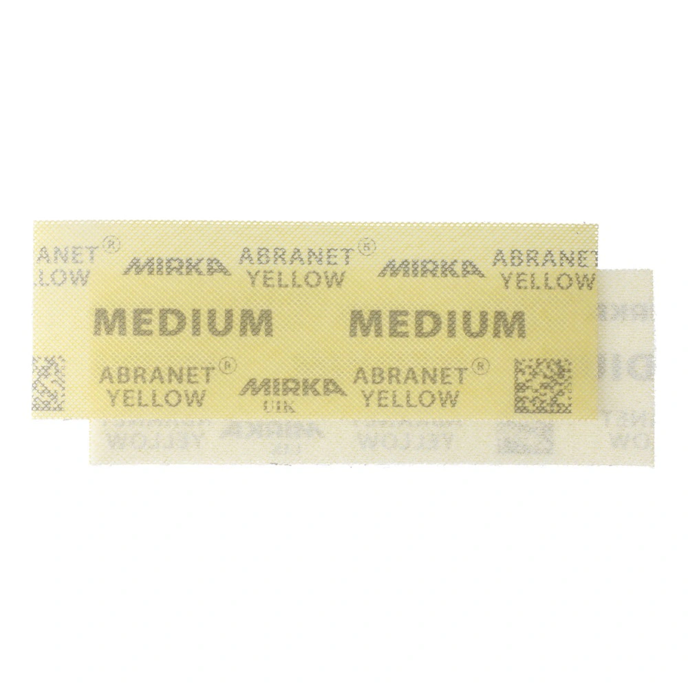 Two overlapping rectangular mesh sanding sheets, one yellow and one light