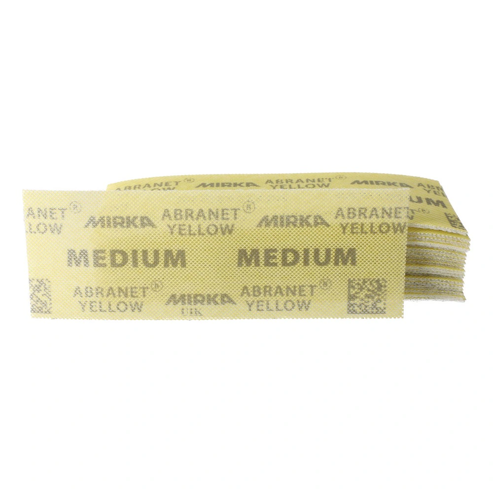 A stack of yellow sanding sheets with Mirka Abranet Yellow and Medium