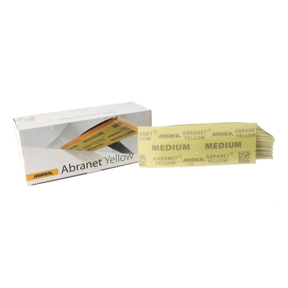An open Mirka Abranet Yellow box next to a stack of yellow sanding sheets