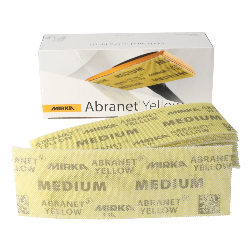 An open Mirka Abranet Yellow box with a stack of yellow sanding sheets