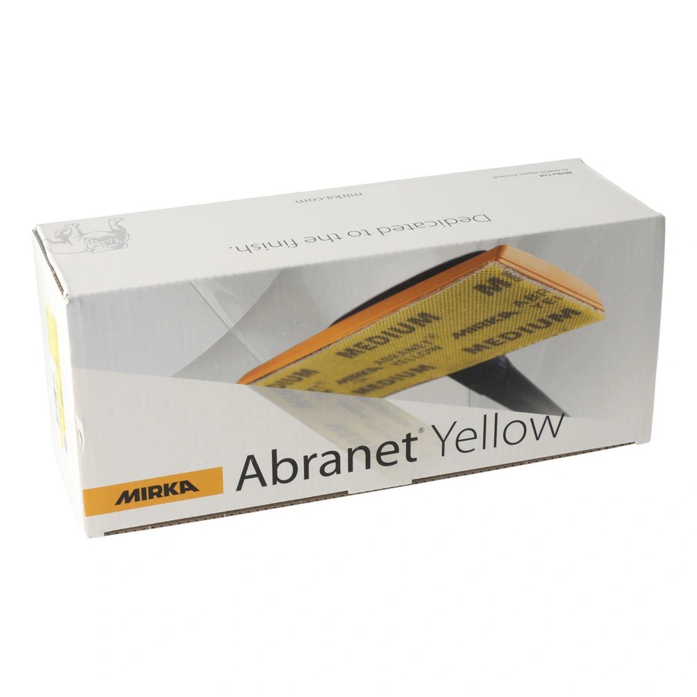 A Mirka Abranet Yellow box shown at an angle, with yellow sanding sheets