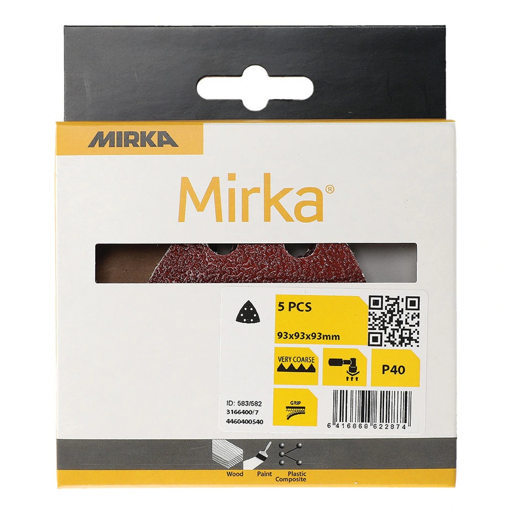 אריזת קרטון לבנה ושחורה של Mirka עם חלון קדמי, ובתוכה נראה חלקית משולש שיוף