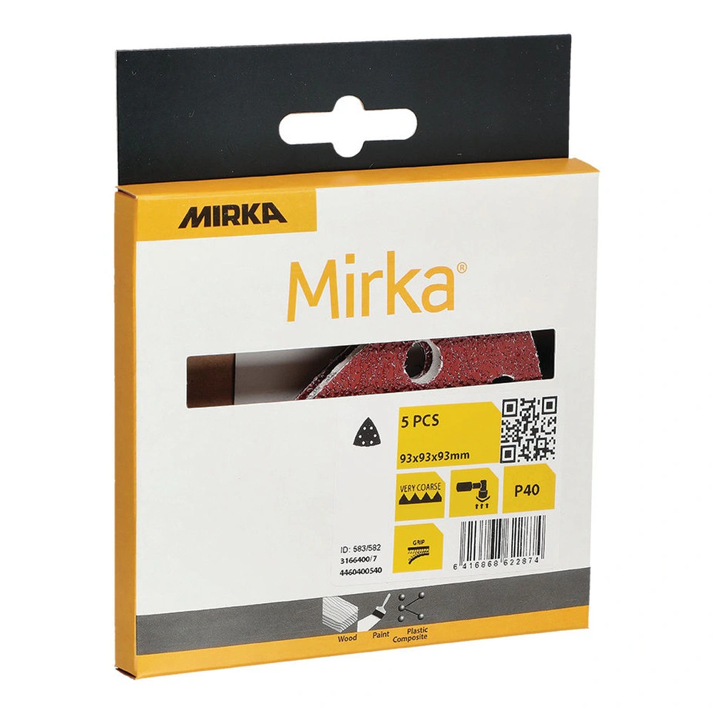 אריזת קרטון של Mirka בזווית מעט אלכסונית, עם חלון שבו נראה חלקית משולש שיוף