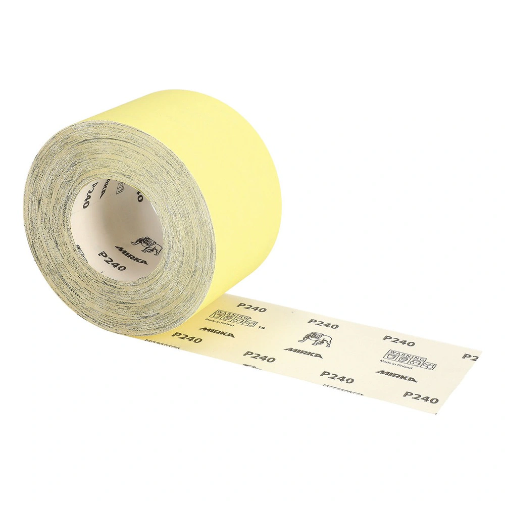 A rolled yellow sanding sheet with a strip unrolled in front, printed