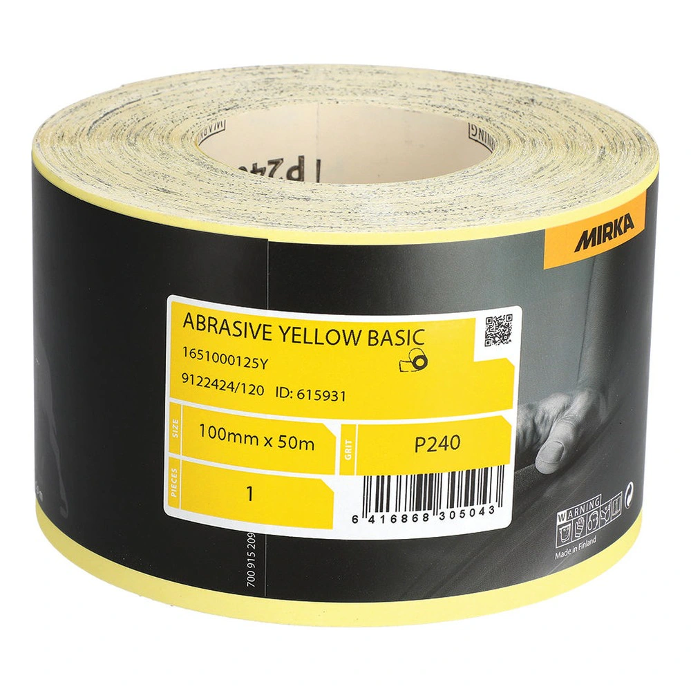 Yellow and black abrasive roll shown as a spool with a front label and P240