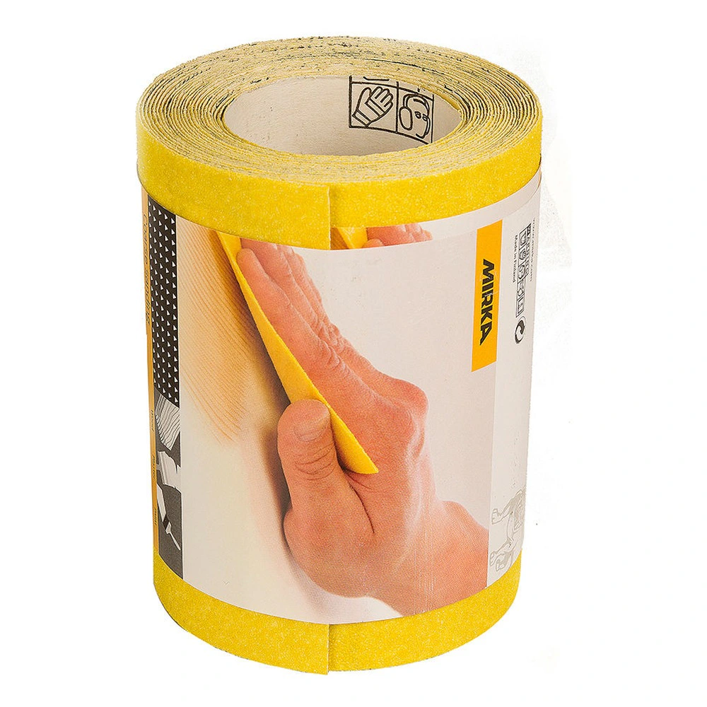 Yellow abrasive roll in printed wrap, shown at an angle with a hand photo
