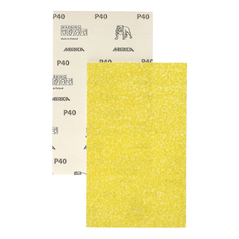 יריעת נייר ליטוש צהובה עם דפוס P40 ולוגו Mirka, מונחת מול יריעת גיבוי מודפסת
