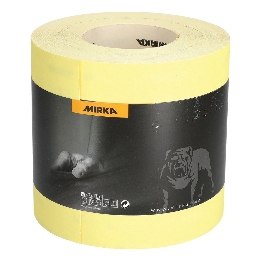 Yellow abrasive roll wrapped with a black label showing the Mirka logo