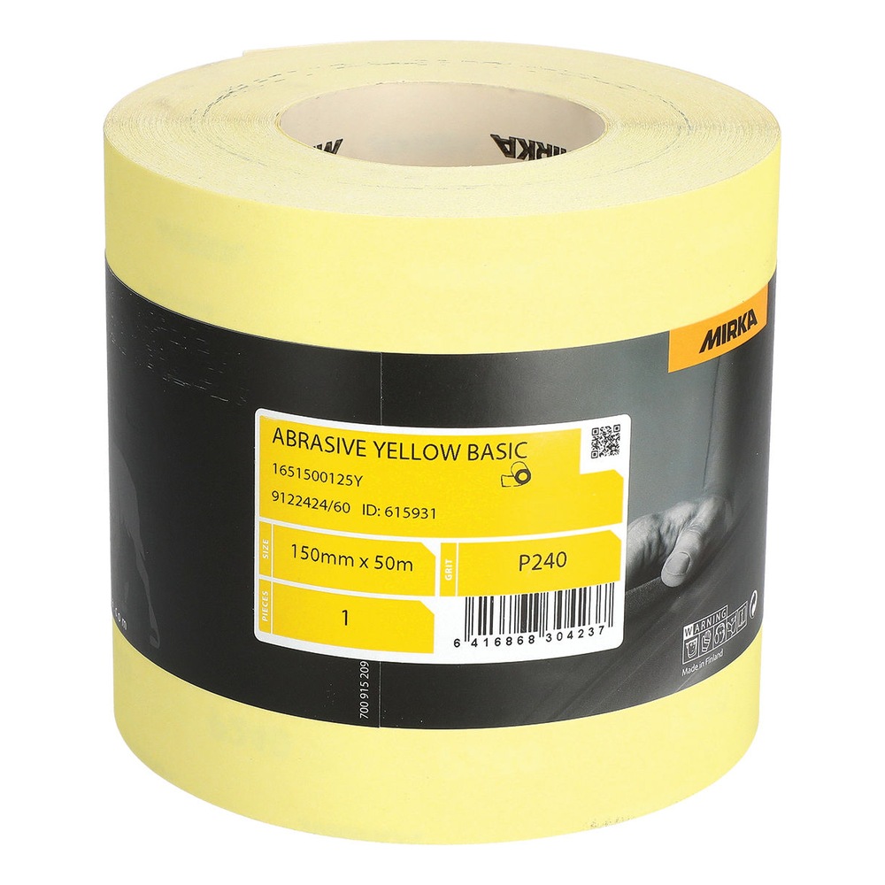 Yellow abrasive roll with a black and yellow label, including a detail