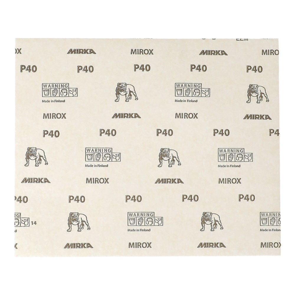 יריעת נייר ליטוש בהירה עם הדפס חוזר של P40, MIRKA ולוגו כלב, מוצגת שטוחה