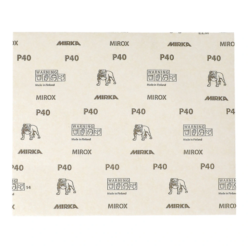 יריעת נייר ליטוש בהירה עם הדפס חוזר של P40, MIRKA ולוגו כלב, מוצגת שטוחה
