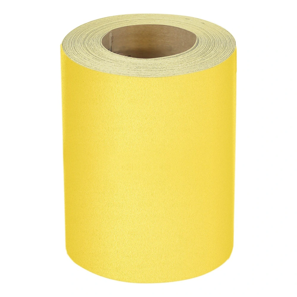 A roll of yellow abrasive paper wound around a cardboard core, shown upright
