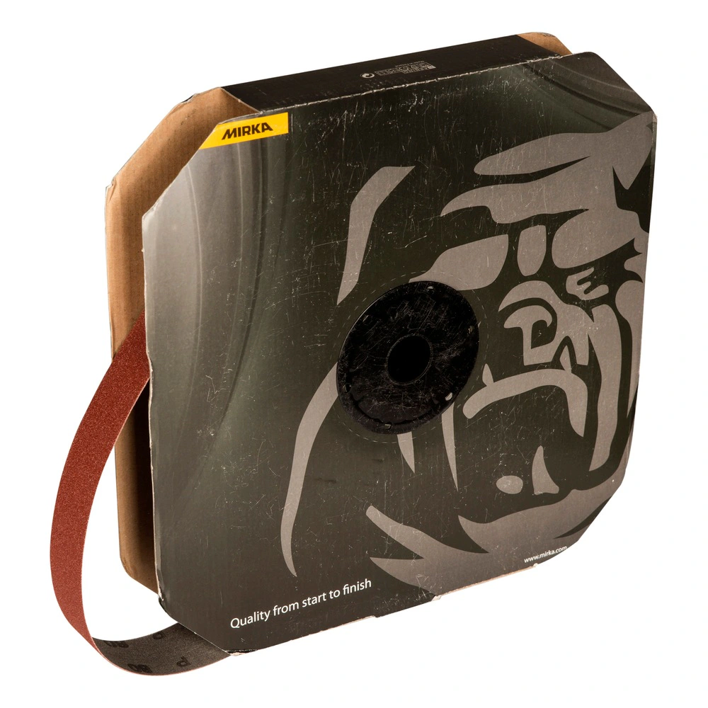 Brown abrasive roll inside a black cardboard box, with the strip end pulled