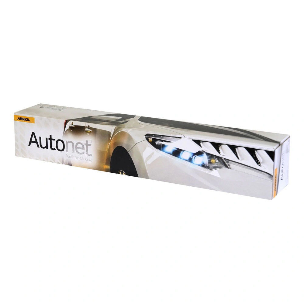 קופסת אריזה ארוכה של Mirka Autonet עם הדפס של חזית רכב, מוצגת באלכסון
