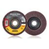 Two round flap discs shown side by side on a white background, one