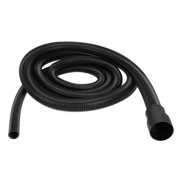 Coiled black corrugated hose with an open end on one side and an open
