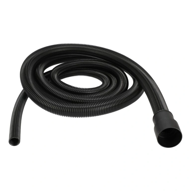 Coiled black corrugated hose with an open end on one side and an open