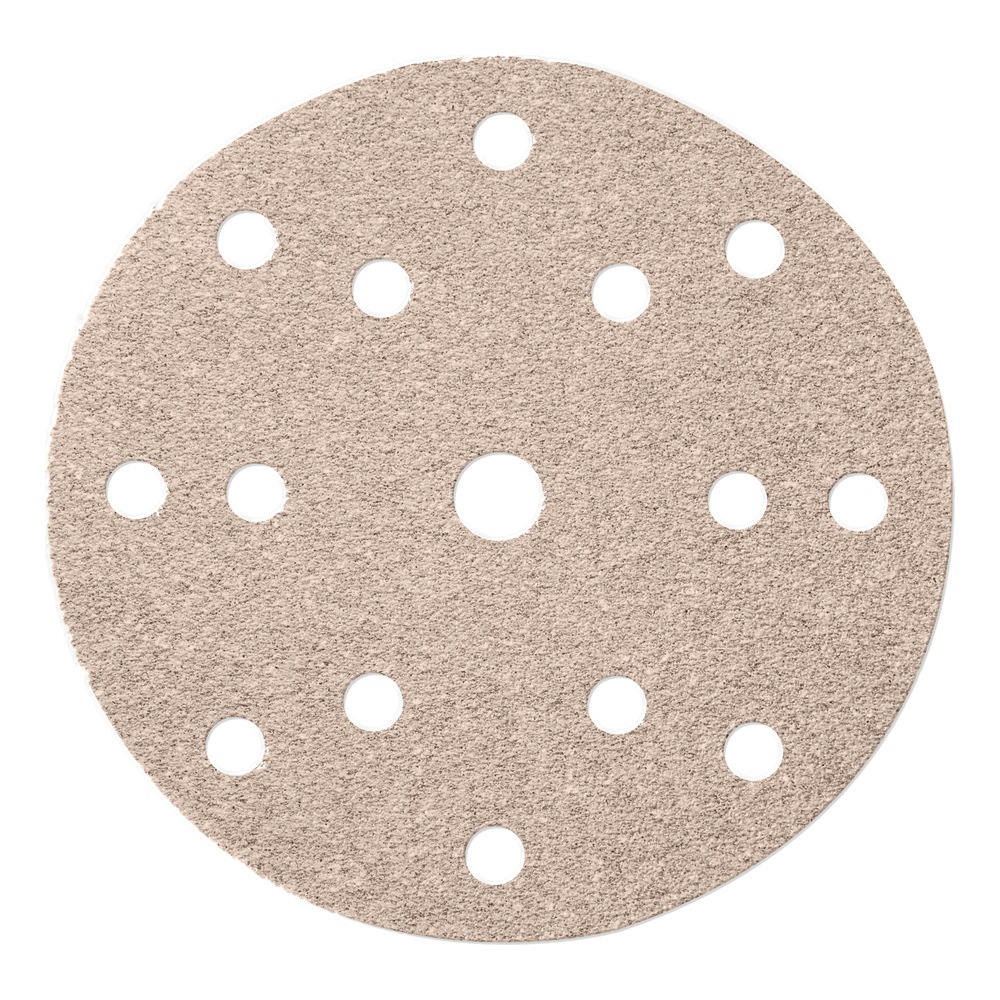 A round beige sanding disc with multiple dust-extraction holes, shown