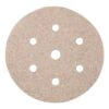 A round beige sanding disc with seven holes, shown front-on on a white