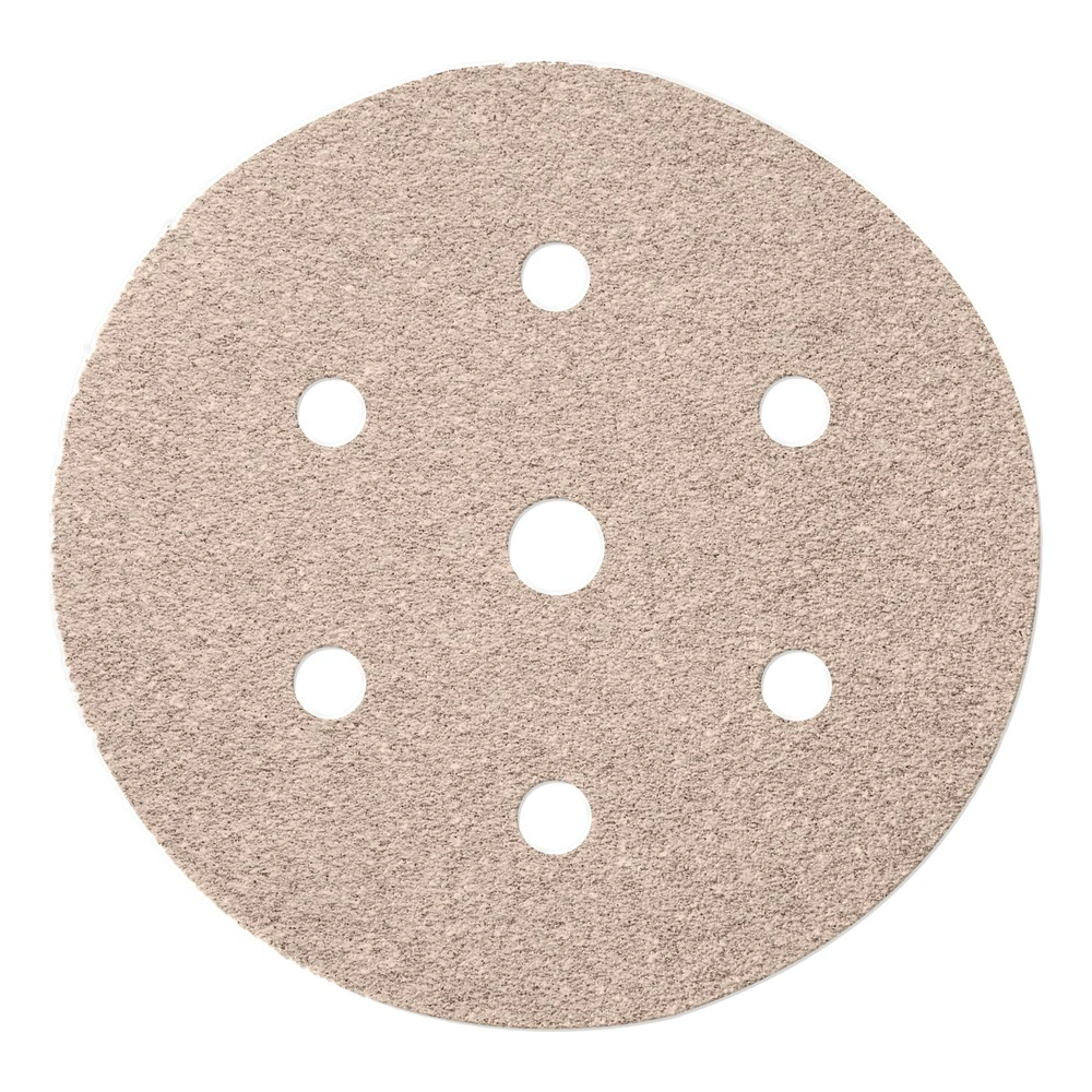 A round beige sanding disc with seven holes, shown front-on on a white