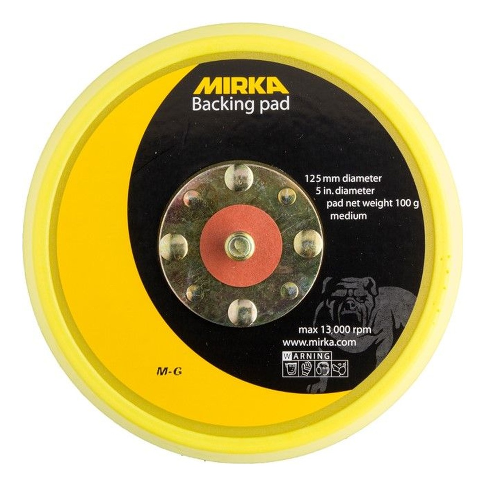 Round yellow backing pad with printed label, suction holes, and a metal