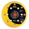 Round yellow backing pad with printed label, many suction holes, and a metal