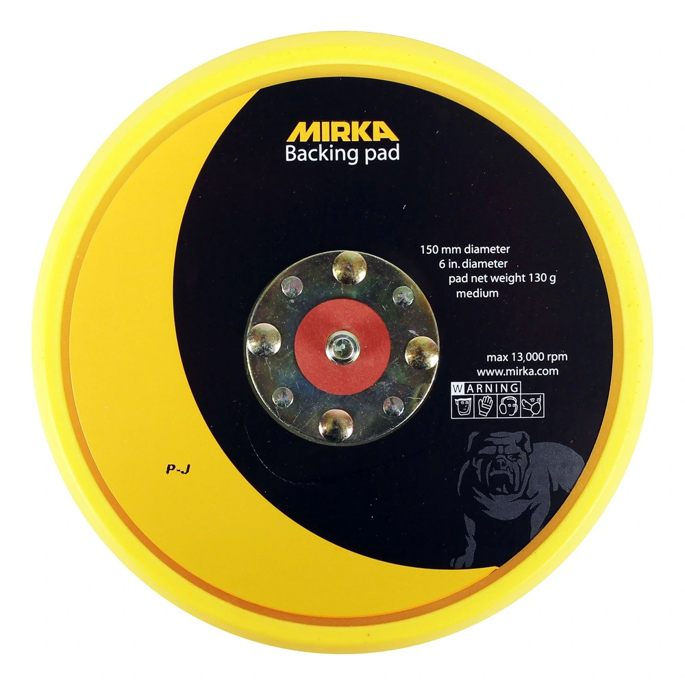 Round yellow and black backing pad, front view, with holes and a metal