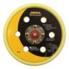 Round yellow and black backing pad, front view, with round holes and a metal