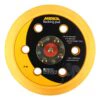Round yellow and black backing pad, front view, with round holes and a metal