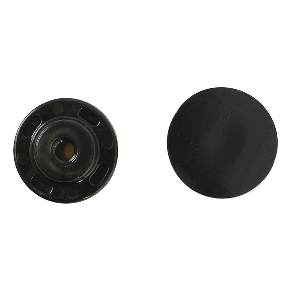Two views of the same black round part: a flat top side and a bottom side