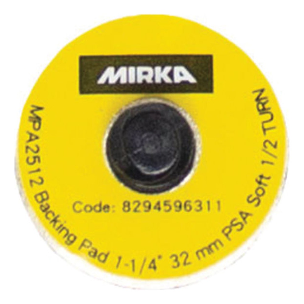 Front view of a yellow round pad with the MIRKA logo, circular text