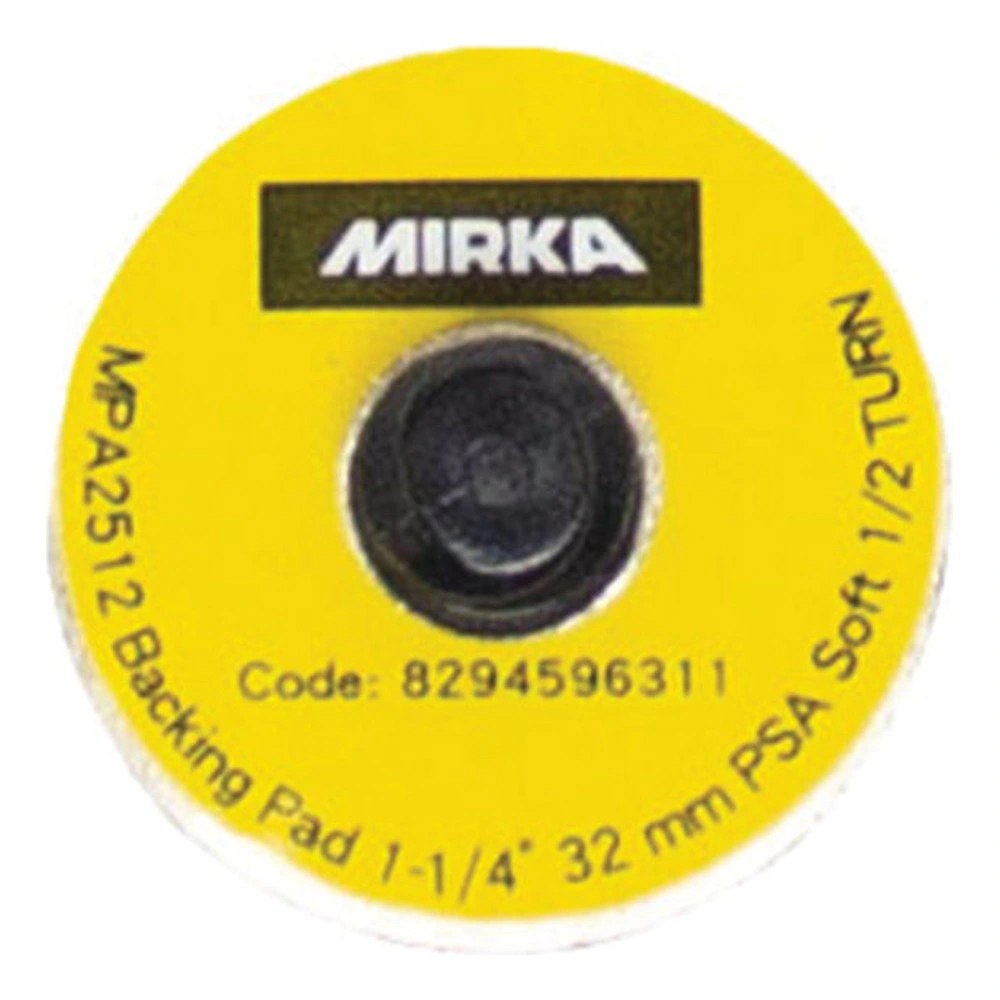 Front view of a yellow round pad with the MIRKA logo, circular text