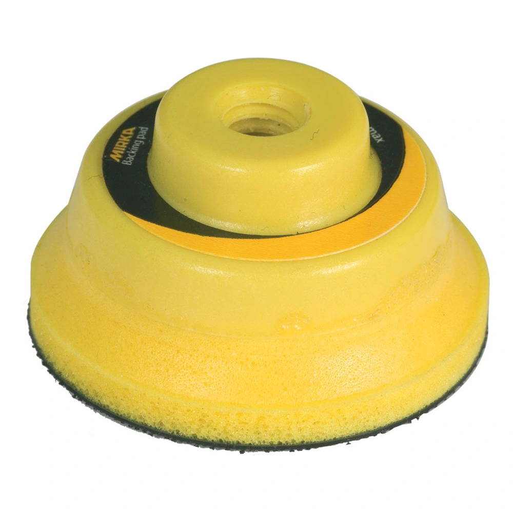 Yellow sanding pad with a thick foam layer and a threaded center opening