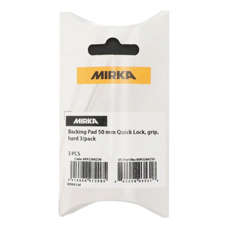 שקית אריזה לבנה עם לוגו Mirka, המציגה תווית של פלטת גיבוי בקוטר 50 מ"מ