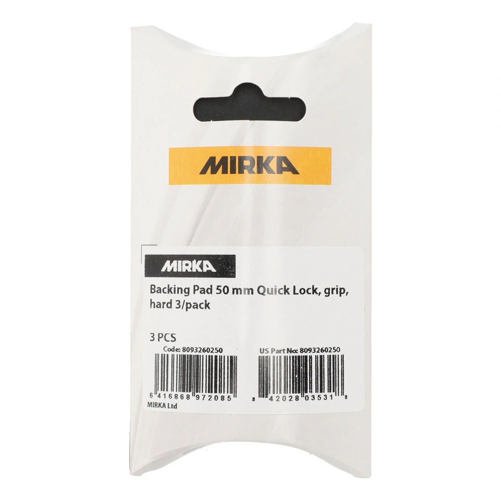 White retail pouch with Mirka branding and a label for a 50 mm backing pad