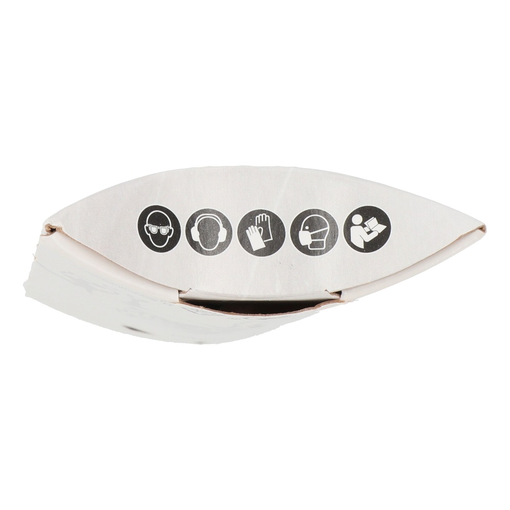 White cardboard package end with a row of black safety icons along the top