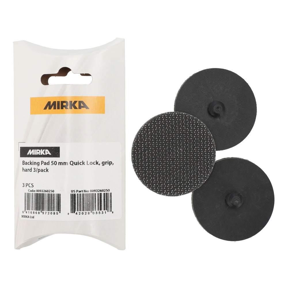 Mirka package beside three black round backing-pad parts, one showing