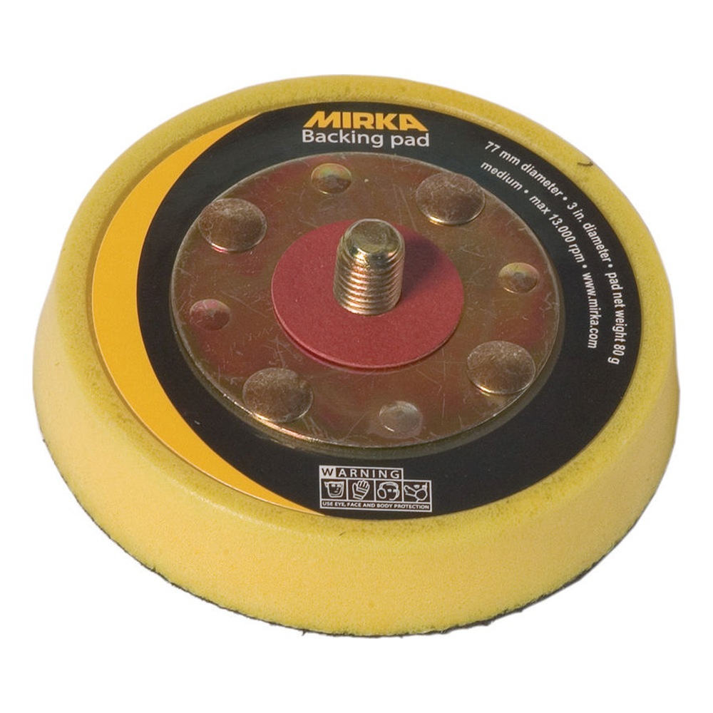 Yellow round backing pad with a metal center and threaded connector, shown