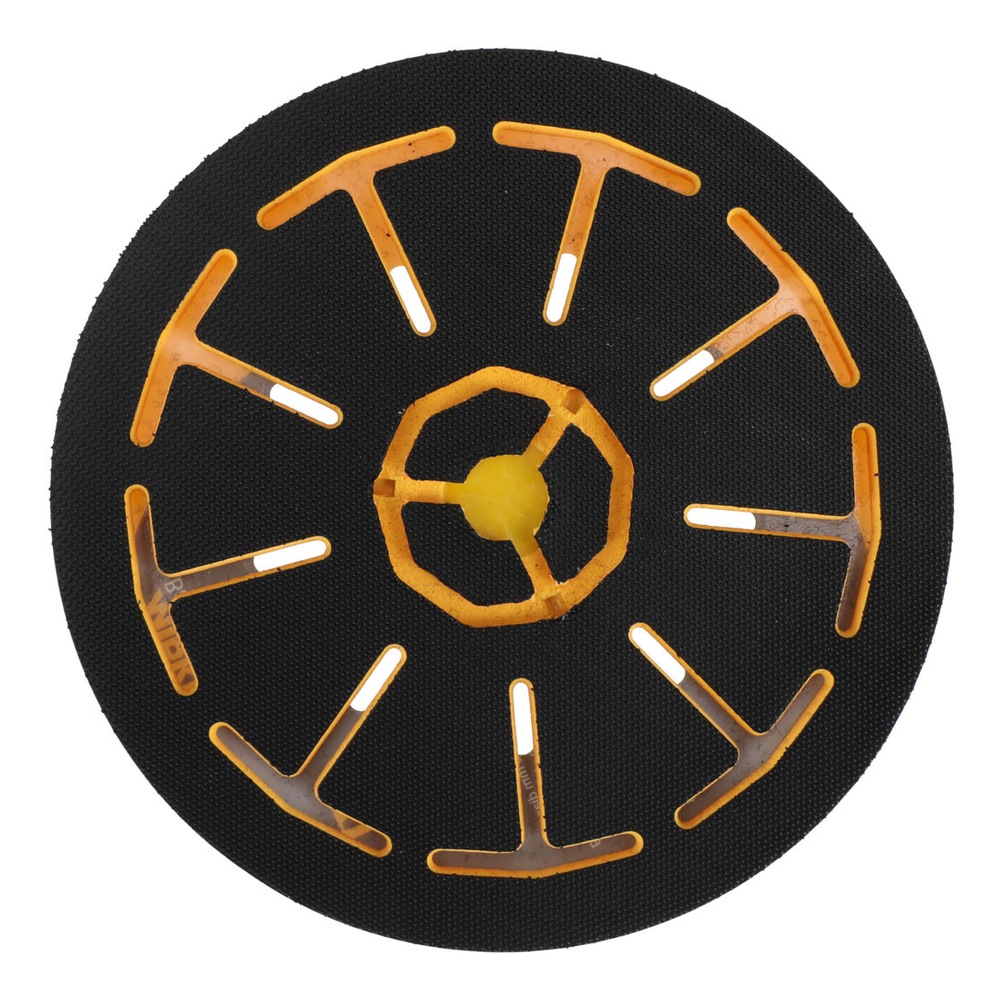 Black round backing pad with yellow T-shaped slots and a yellow center