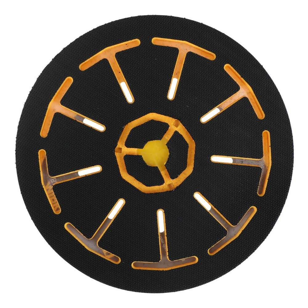 Black round backing pad with yellow T-shaped slots and a yellow center