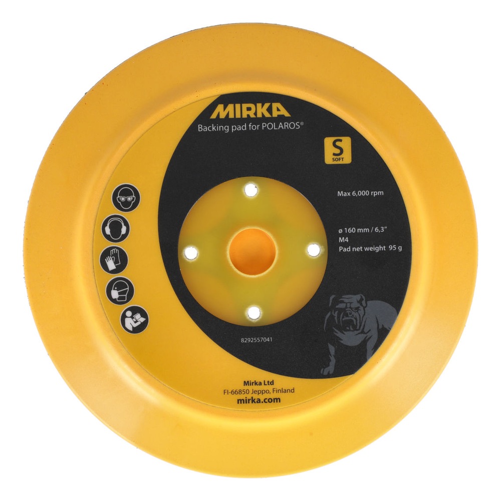 Round yellow and black backing pad, front view, with S SOFT marking, MIRKA