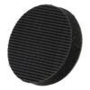 Two overlapping black round disks, with the front one having a rough