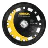Large round black and yellow backing pad shown frontally, with printed text